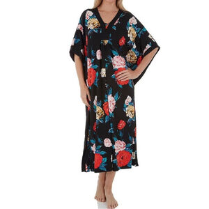 ELLEN TRACY Kaftan Kimono S/M Floral Butterfly Sleeves Robe MuMu Pockets Stretch